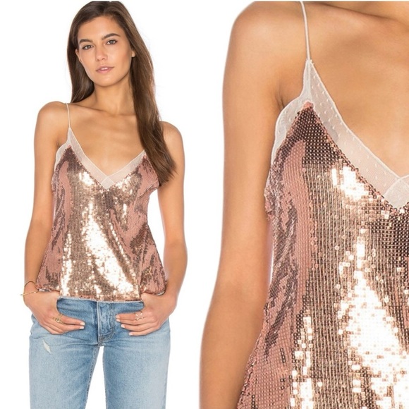 NWT Free People Sassy Sequins Cami Rose Medium New Camisole Lace Spaghetti Strap - Picture 1 of 7
